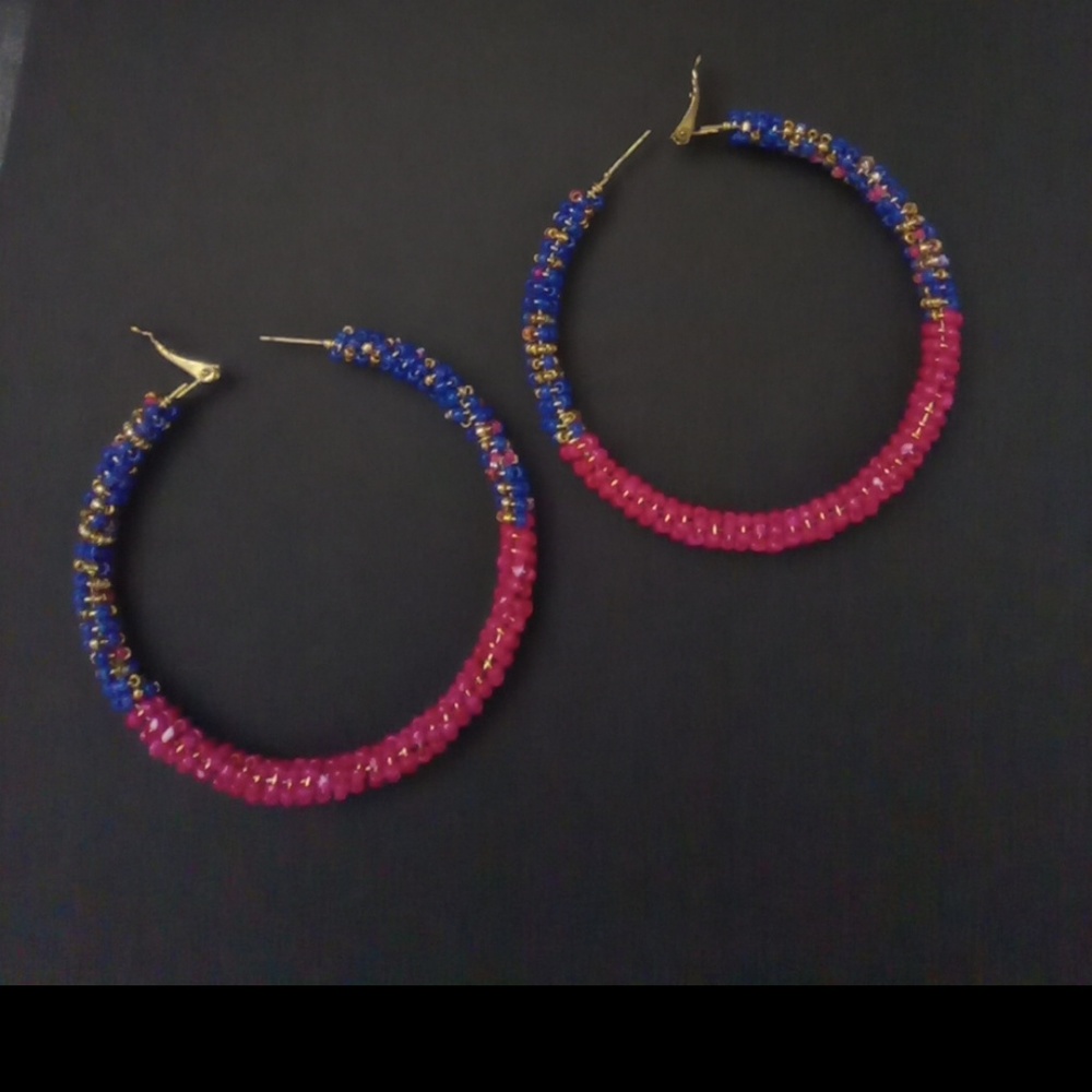Hot Pink + Deep Blue + Gold Hoop Earrings NWOT